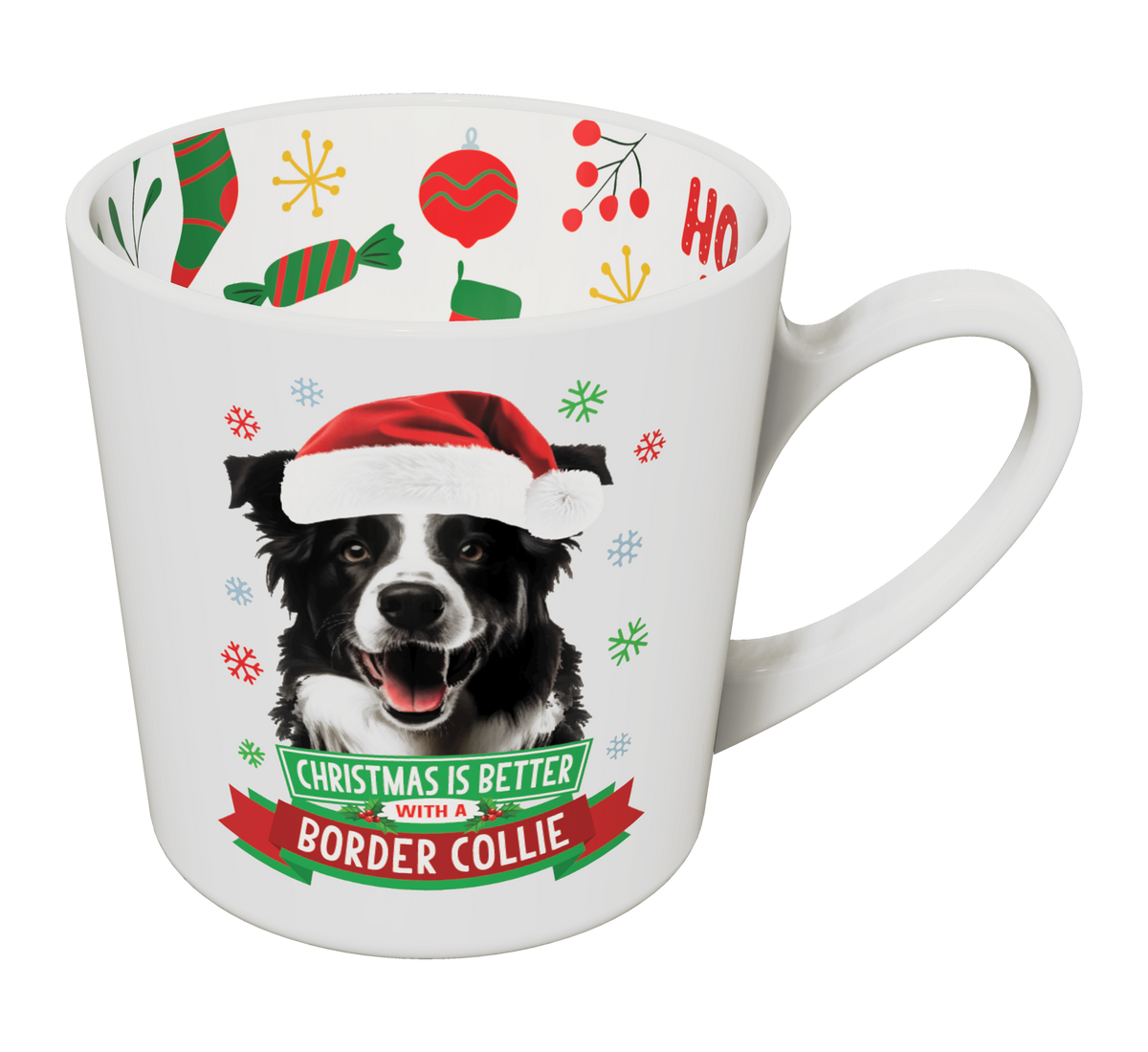 White Border Collie Christmas mug featuring a Santa-hat dog and festive inner rim
