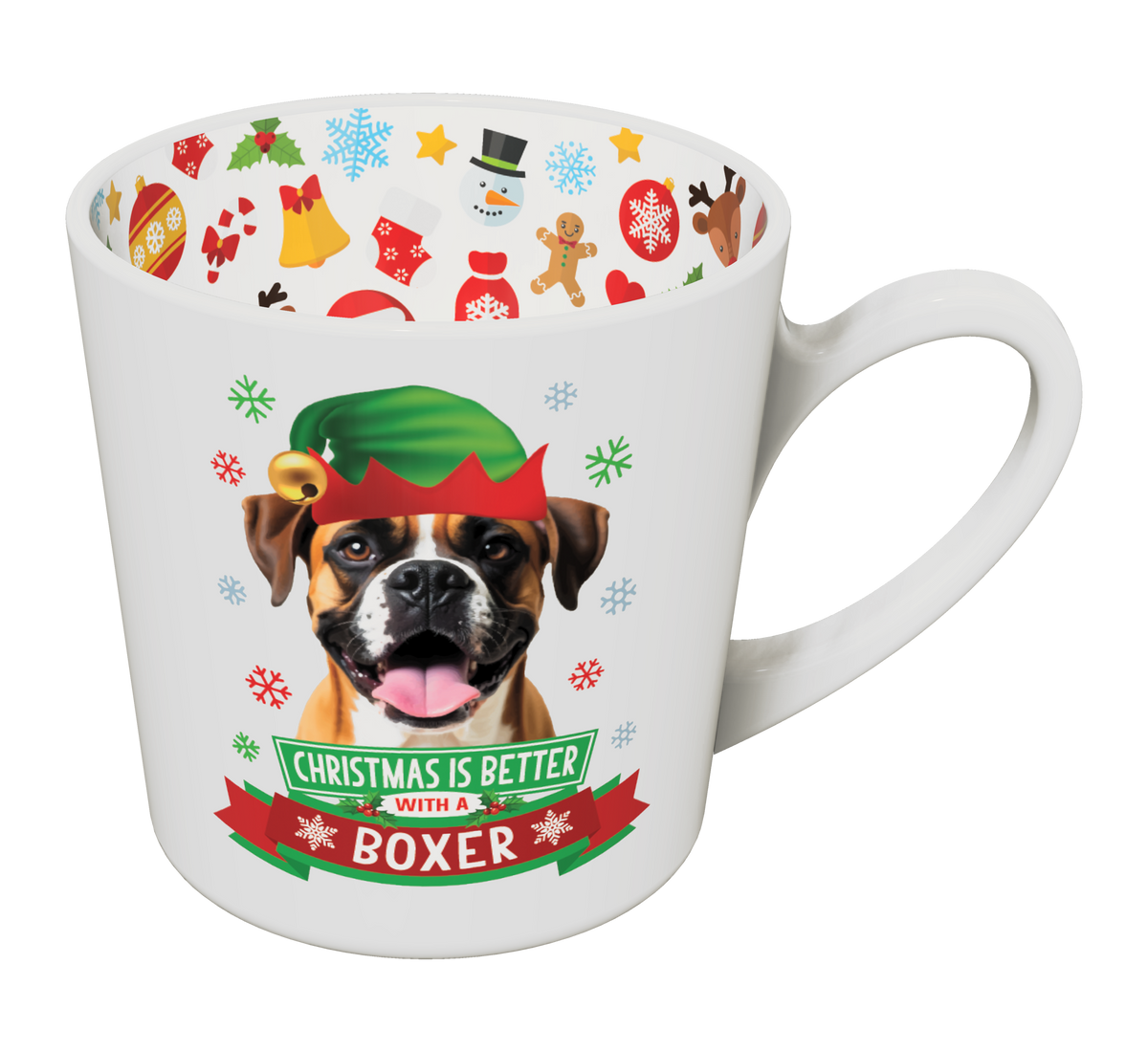 White Boxer Christmas mug featuring an elf-hat dog and festive inner rim