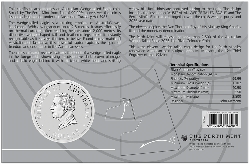 Australian Wedge-Tailed Eagle 2026 1oz Silver Coloured Coin in Card
