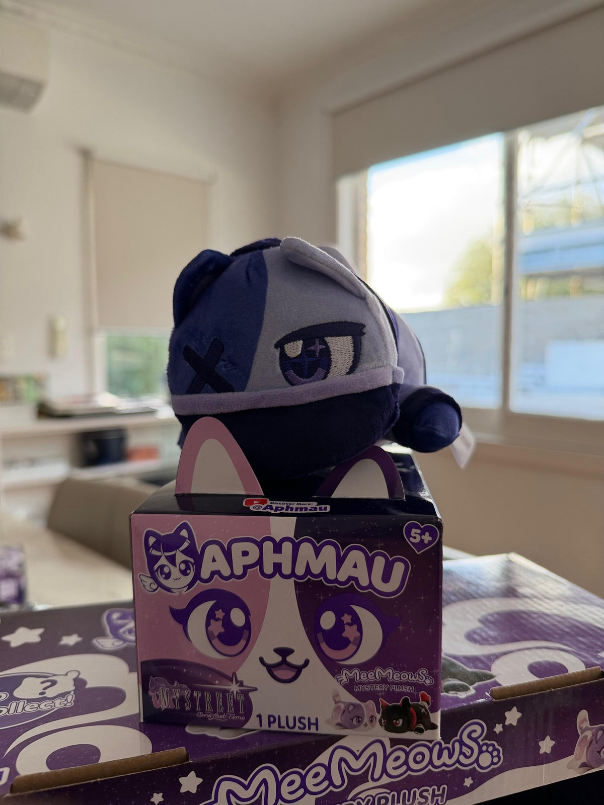 Aphmau MeeMeow Zane My Street Collection Plush sitting on top of gift box