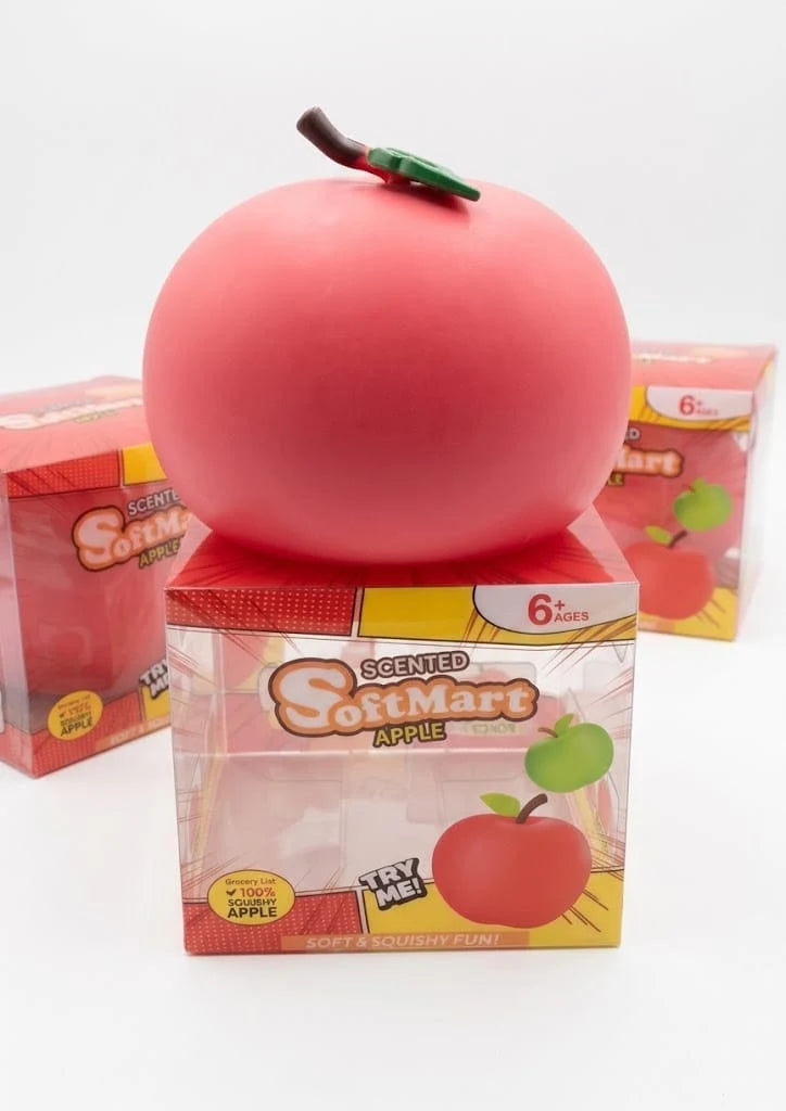 Red Softmart scented apple squishy with green leaf and brown stem above its display box