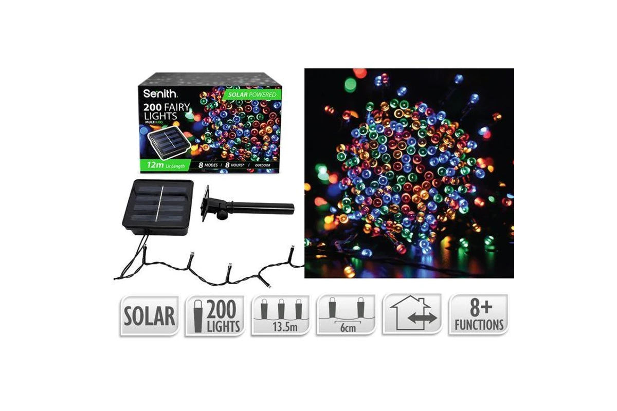 Senith 200 LED Solar Fairy Lights Multi-Colour – 12m Lit Length, 8 Modes