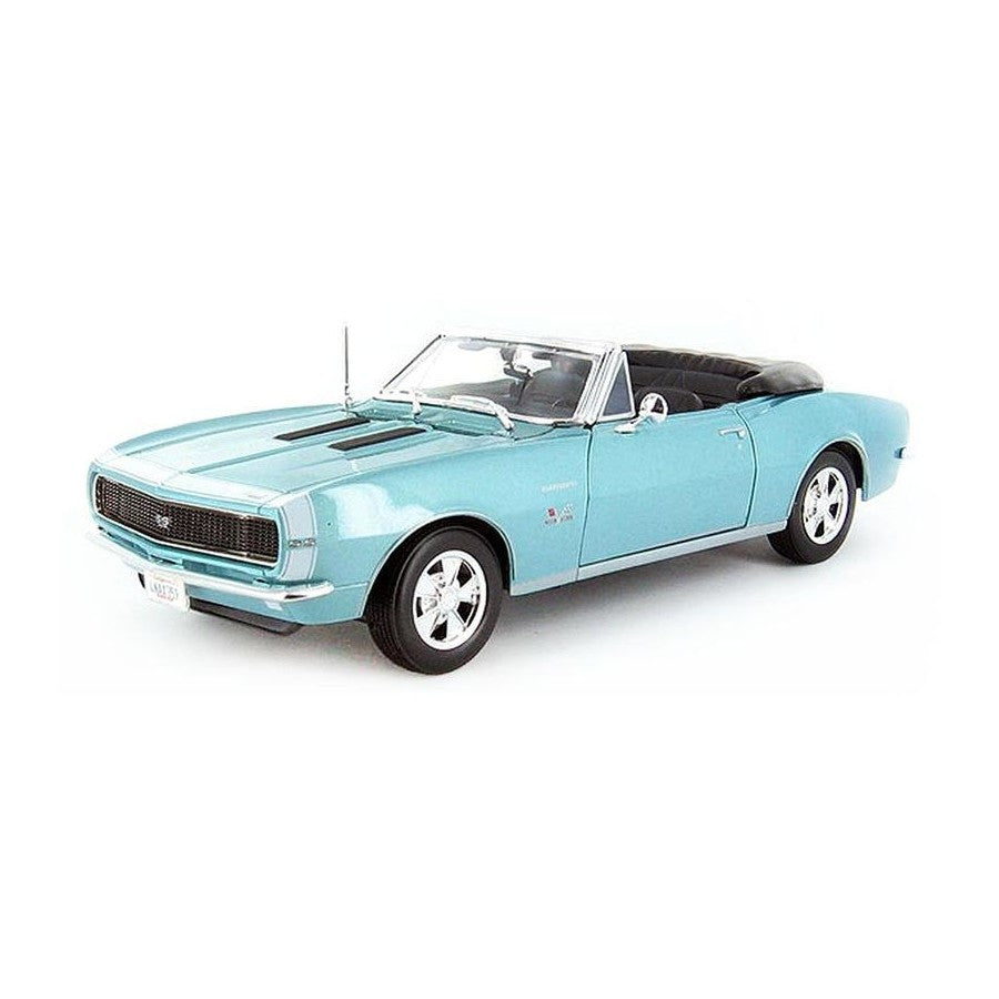 Maisto 1:18 1967 Chevrolet Camaro SS 396 Convertible teal diecast model rear angle with doors and bonnet open