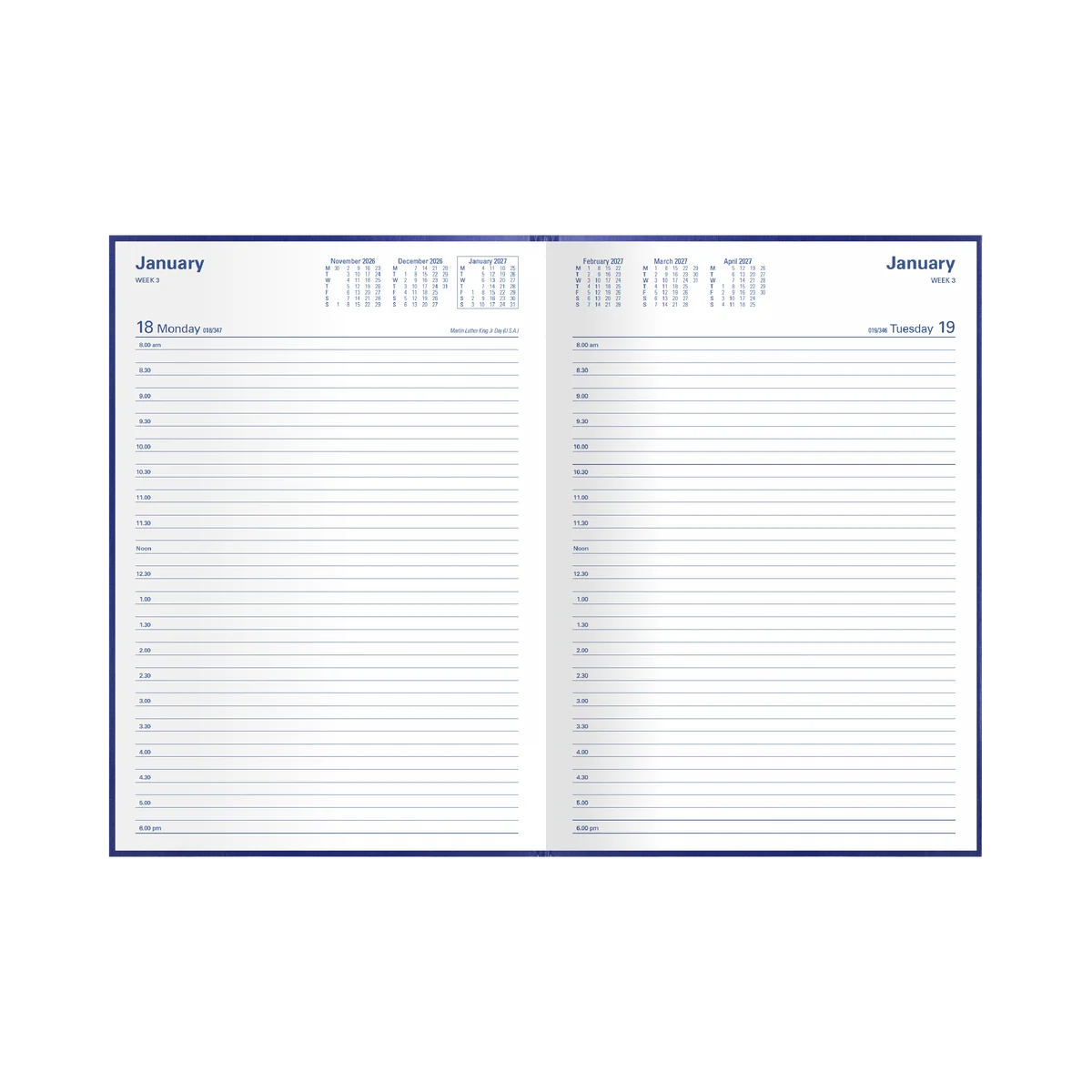 Open Collins Kingsgrove 2027 A4 diary showing its day-to-a-page appointment layout