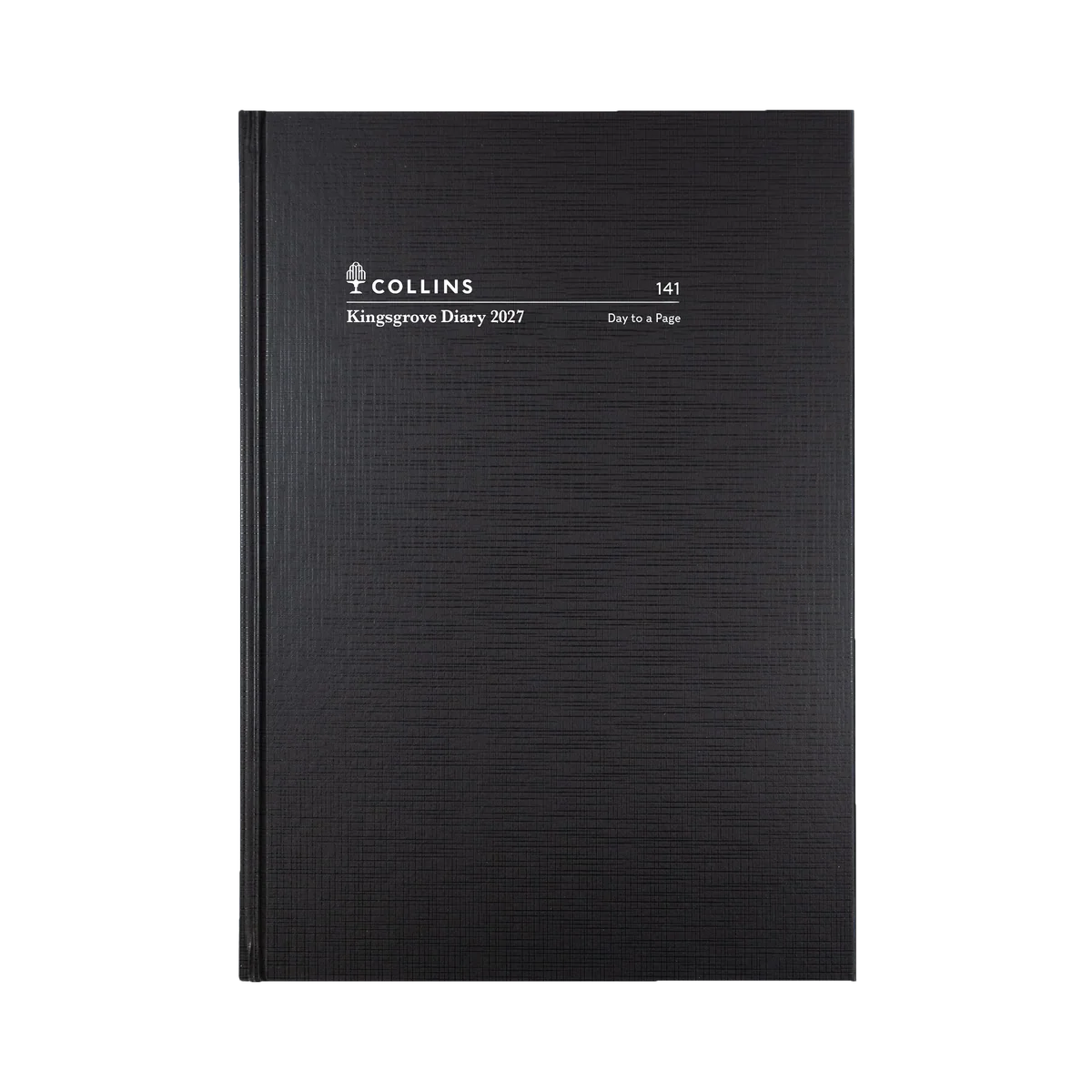 Angled view of the Black Collins Kingsgrove 2027 A4 hard cover diary