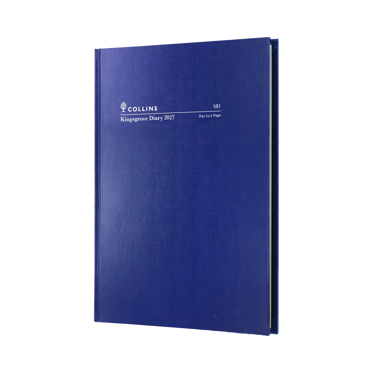 Front view of the Blue Collins Kingsgrove 2027 A5 day-to-a-page diary
