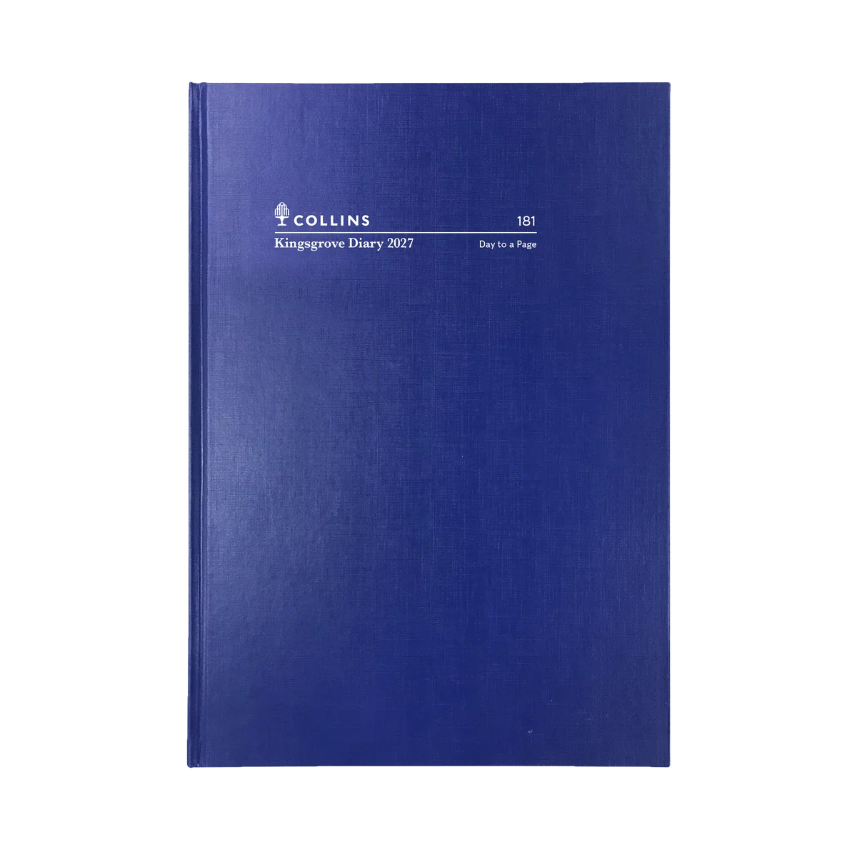 Angled view of the Blue Collins Kingsgrove 2027 A5 hard cover diary