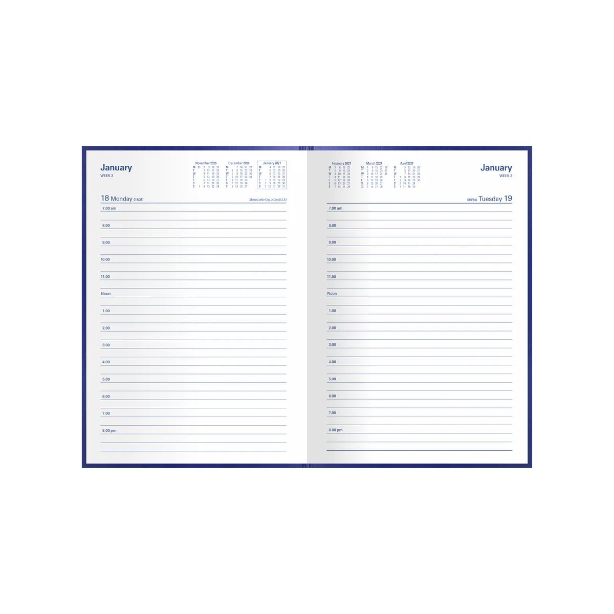 Open Collins Kingsgrove 2027 A5 diary showing its day-to-a-page appointment layout