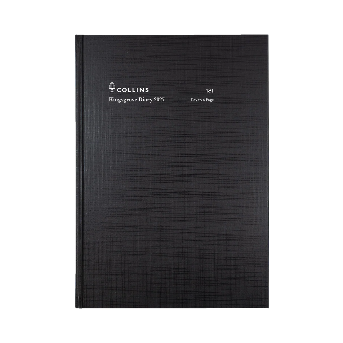 Angled view of the Black Collins Kingsgrove 2027 A5 hard cover diary