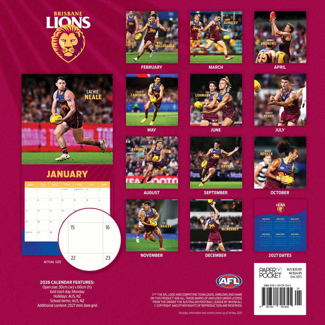 Paper Pocket AFL Brisbane Lions 2026 Calendar
