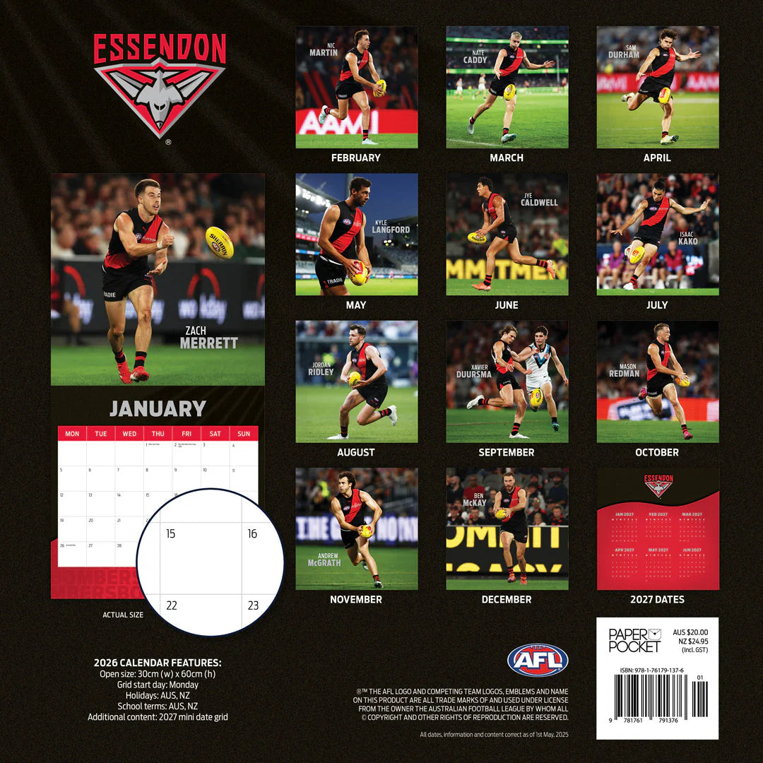 Paper Pocket AFL Essendon Bombers 2026 Calendar