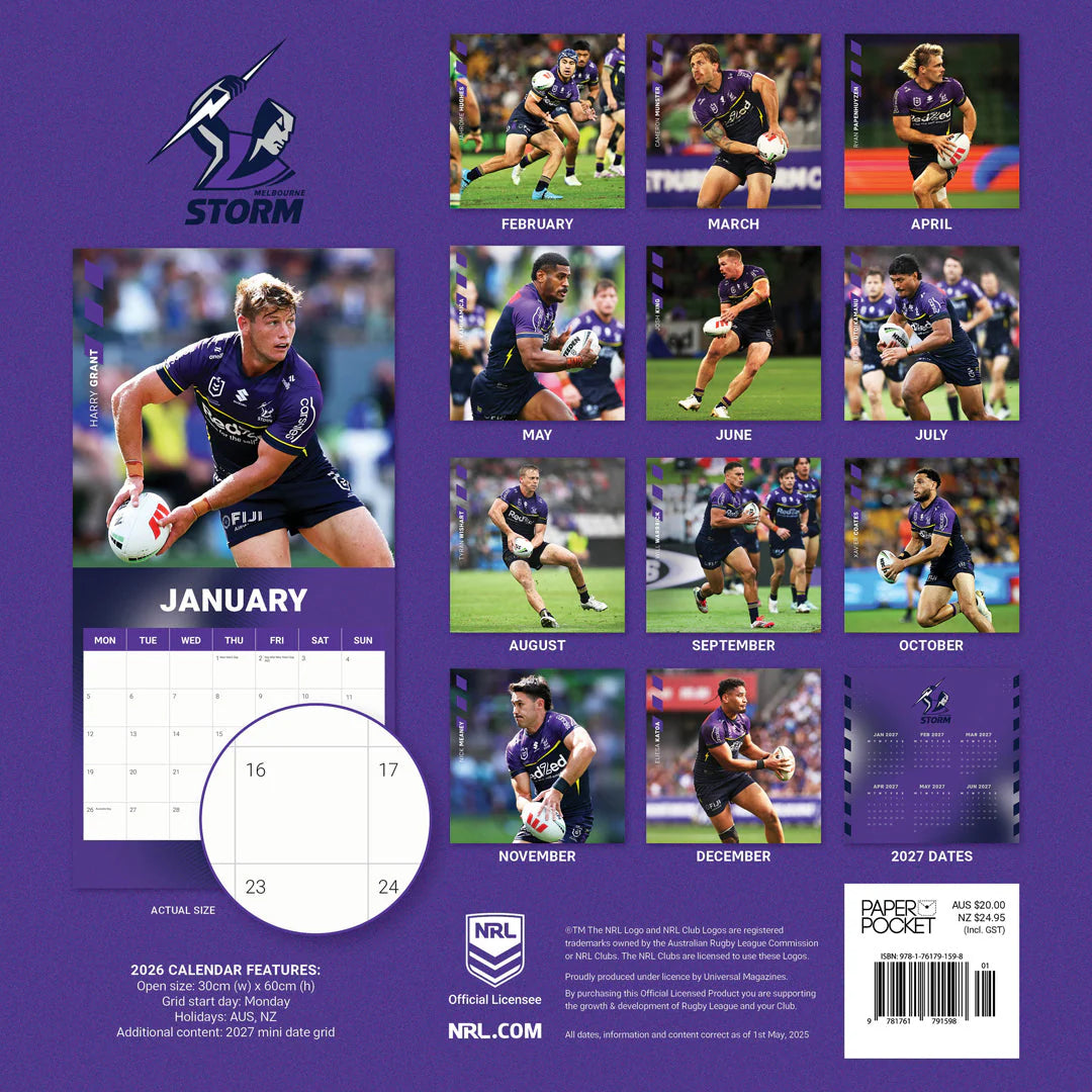 Paper Pocket NRL Melbourne Storm 2026 Calendar