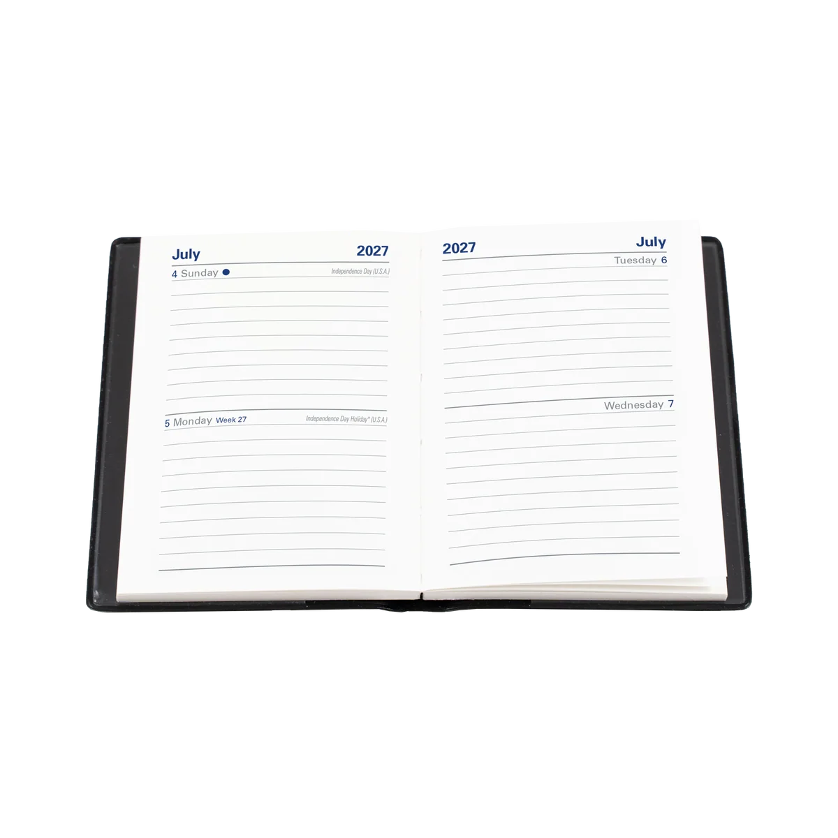 Open Collins Belmont 2027 A7 diary showing the two-days-to-a-page layout