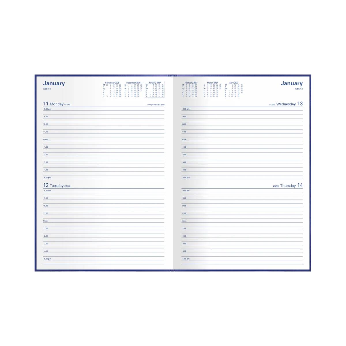 Open Collins Kingsgrove 2027 A4 diary showing its two-days-to-a-page appointment layout