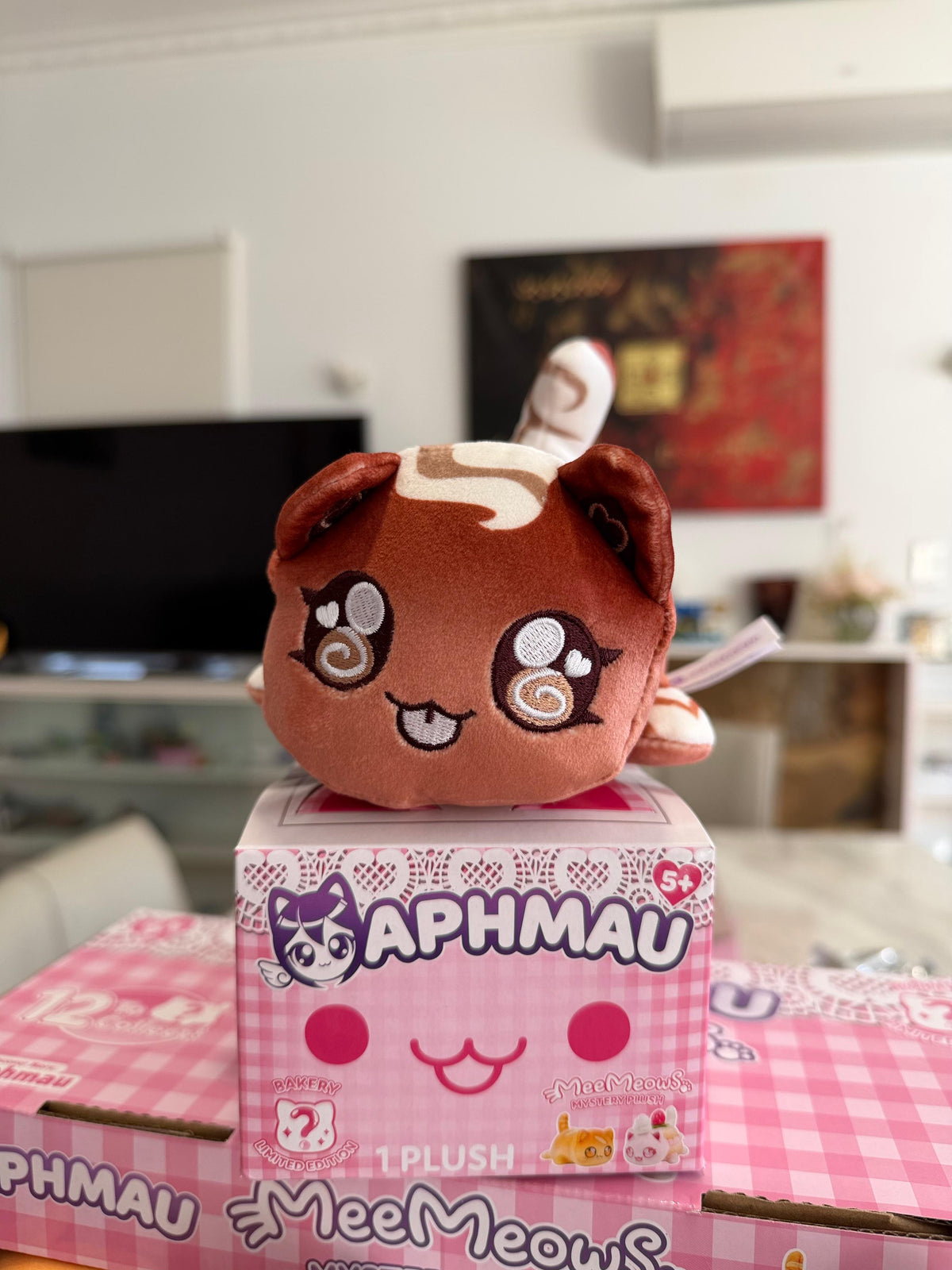 Aphmau MeeMeow Latte Plush sitting on top of Aphmau Bakery Collection gift box