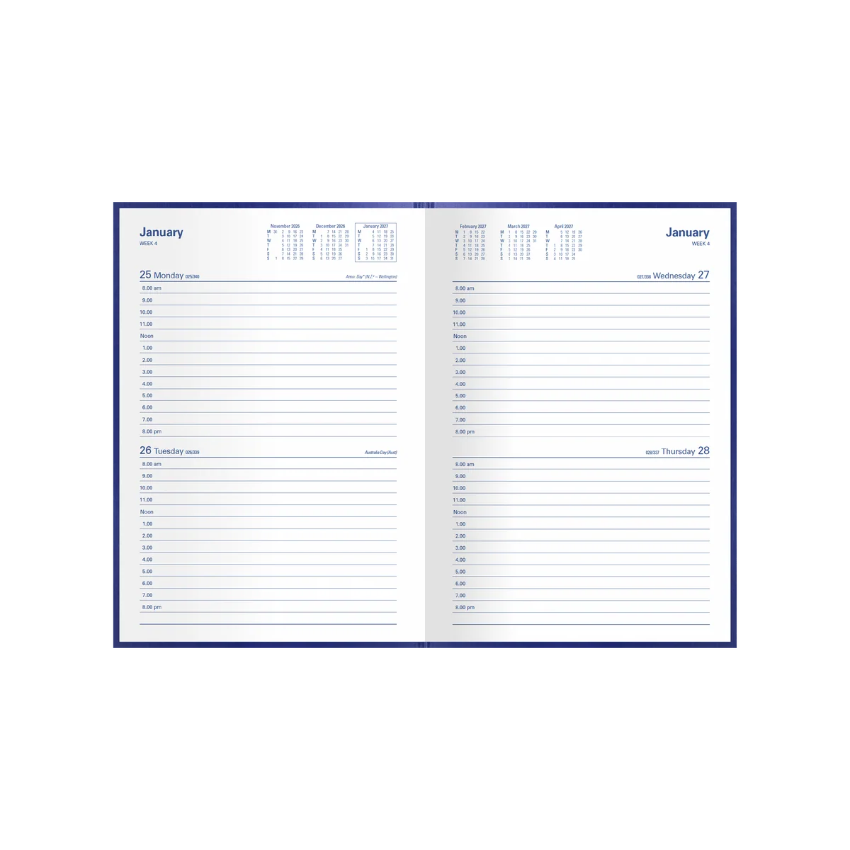 Open Collins Kingsgrove 2027 A5 diary showing its two-days-to-a-page appointment layout