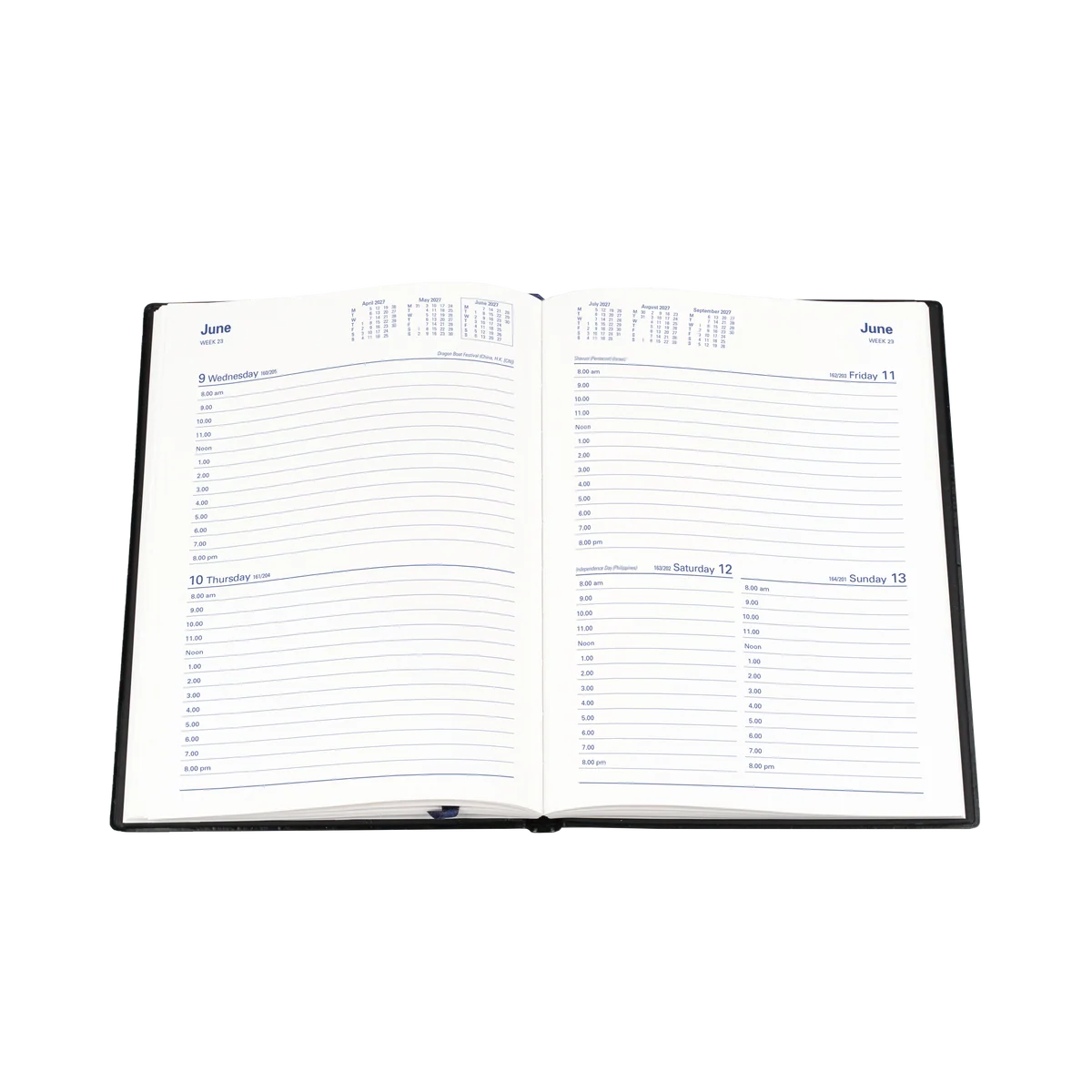 Open Collins Belmont 2027 diary showing the two days to a page appointment layout