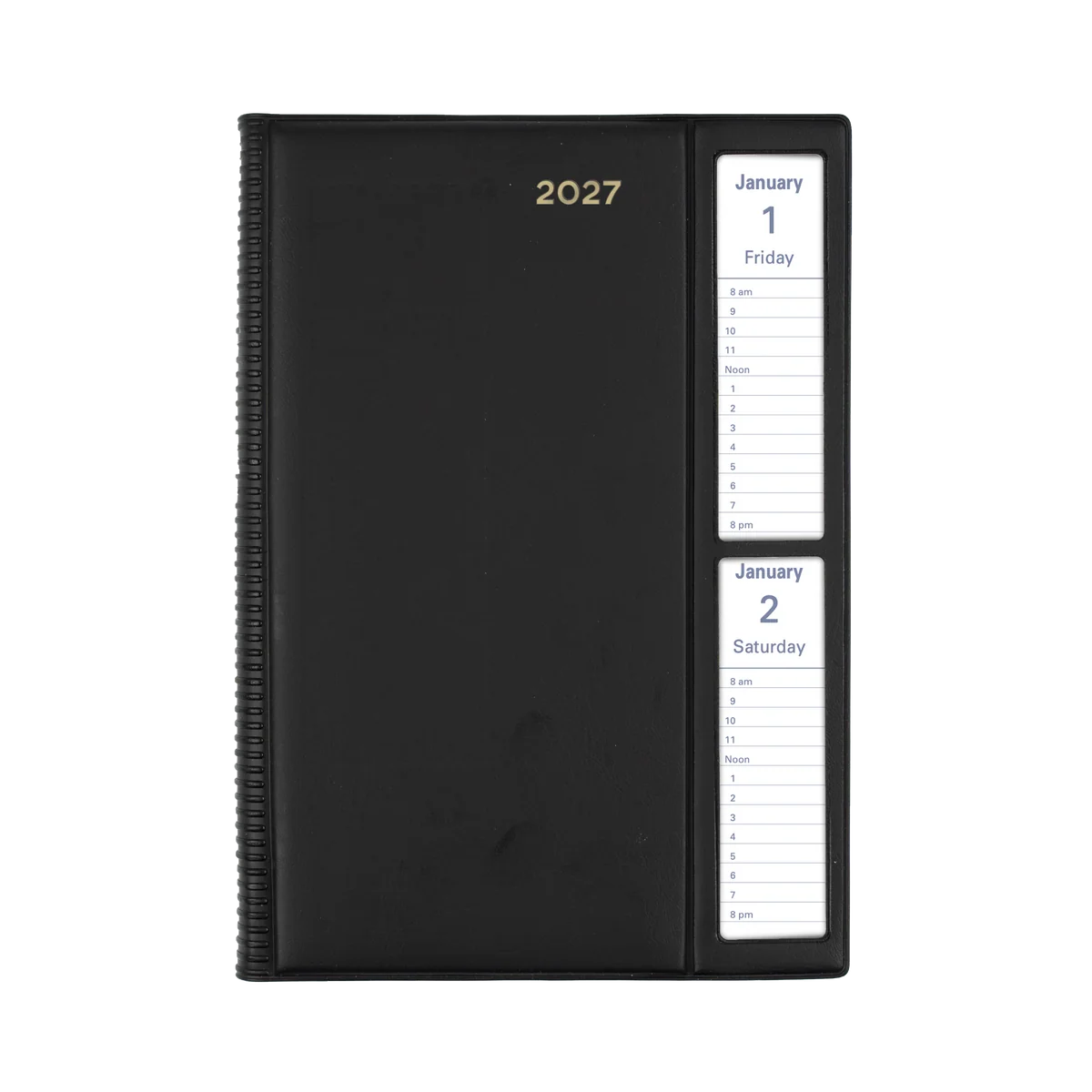 Angled view of the black Collins Belmont 2027 window-faced A5 diary