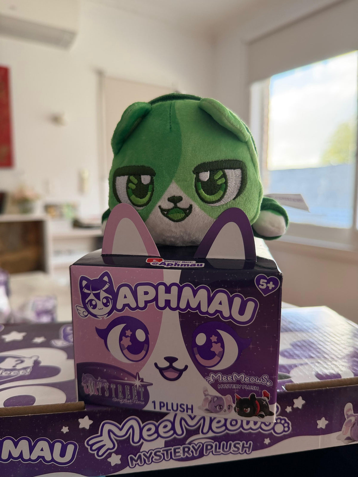 Aphmau MeeMeow Travis My Street Collection Plush sitting on top of gift box