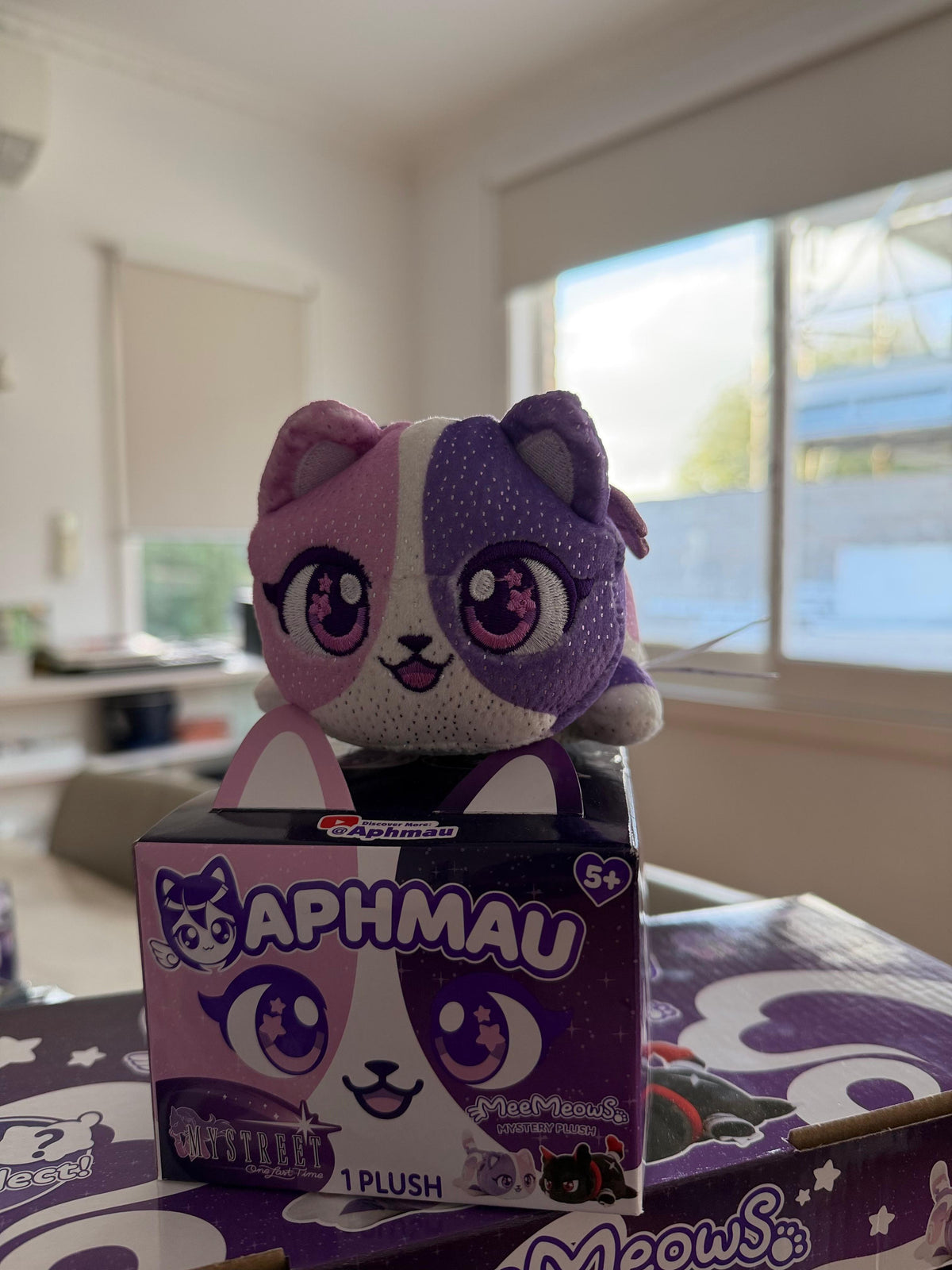 Aphmau MeeMeow My Street Collection Aphmau Plush sitting on top of gift box