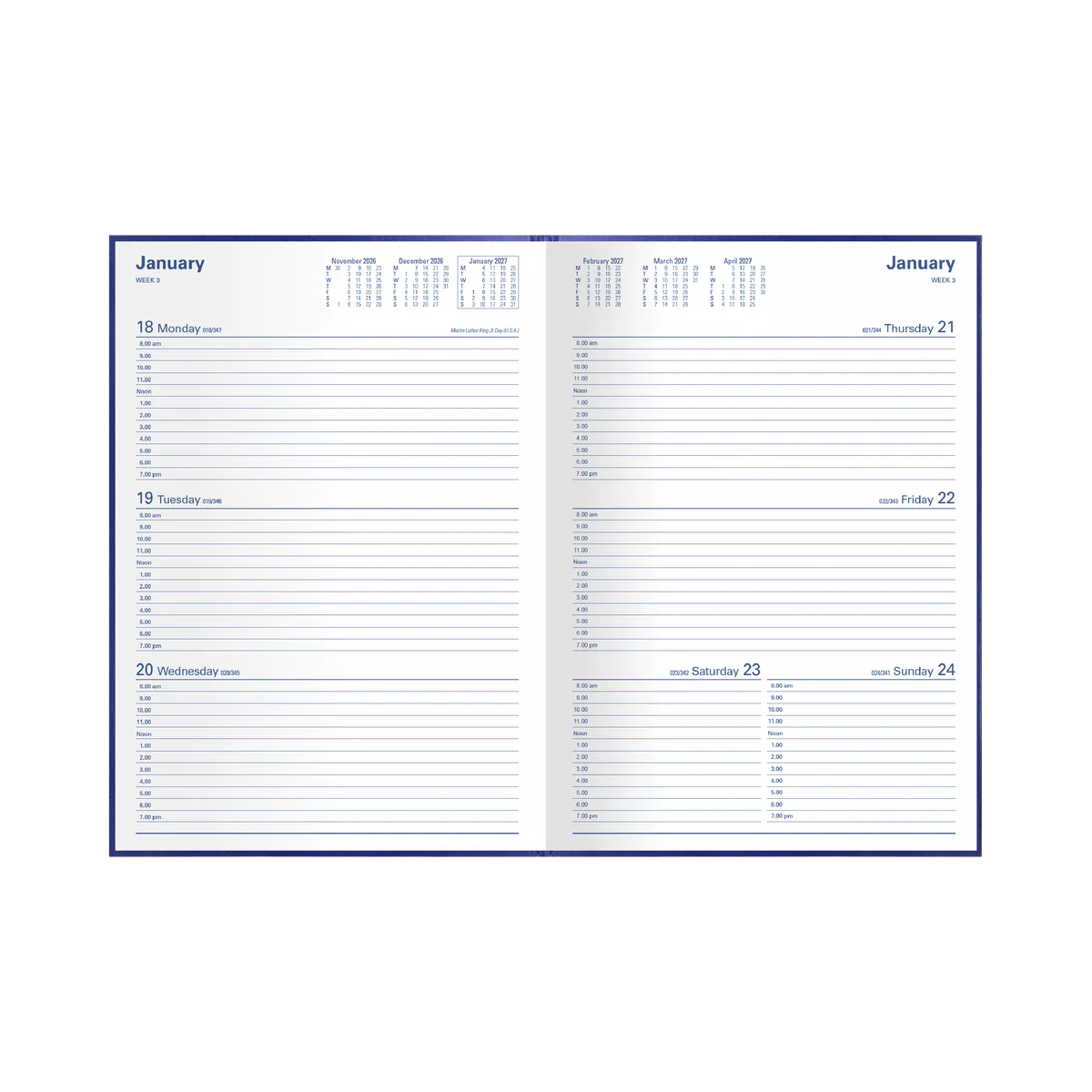Open Collins Kingsgrove 2027 A4 diary showing its week-to-view appointment layout