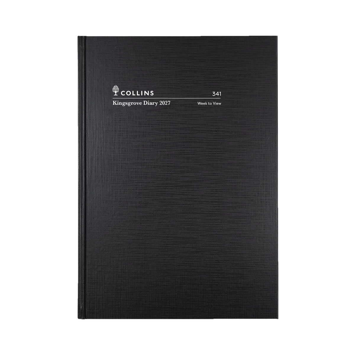 Angled view of the Black Collins Kingsgrove 2027 A4 hard cover diary
