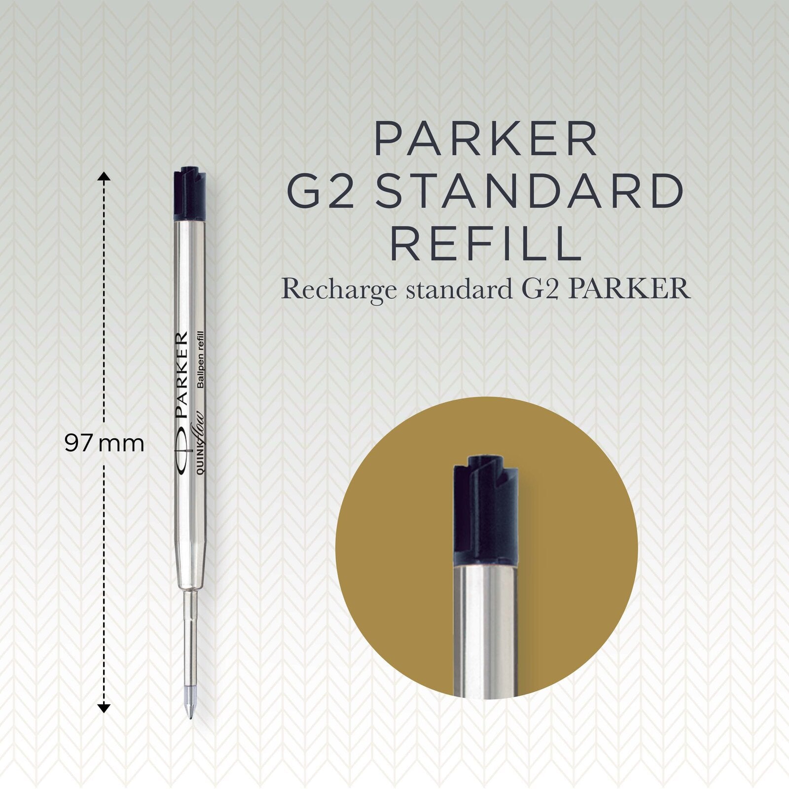 Parker Quinkflow Ballpoint Pen Refill Black Medium - G2 Standard specification graphic showing 97mm length measurement and close-up of black ink tip