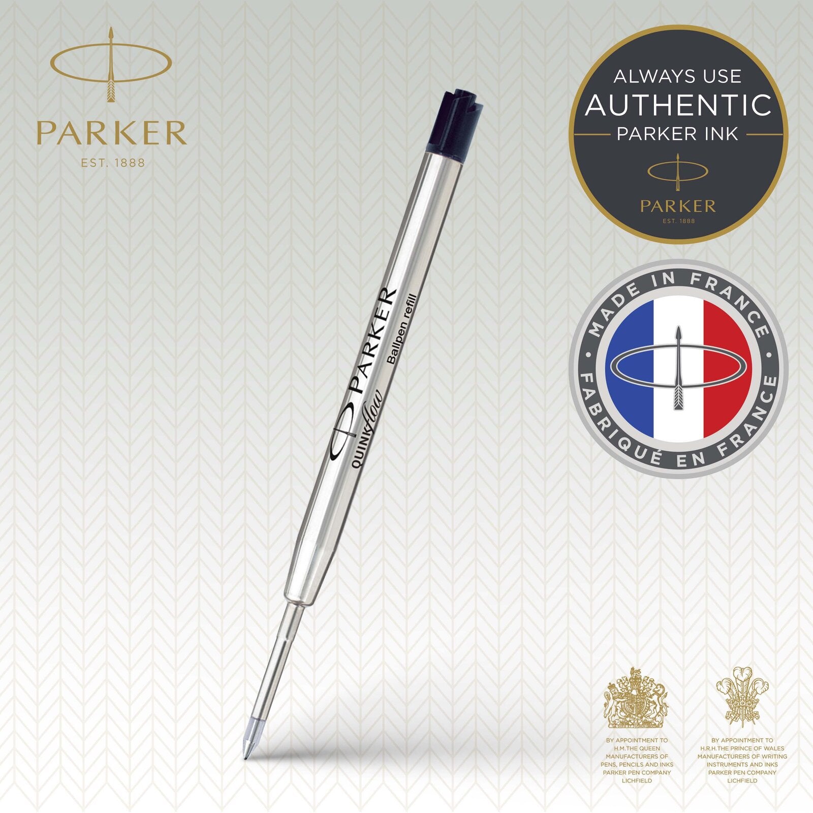 Parker Quinkflow Ballpoint Pen Refill Black Medium - product lifestyle image showing Made in France badge and authentic Parker ink seal