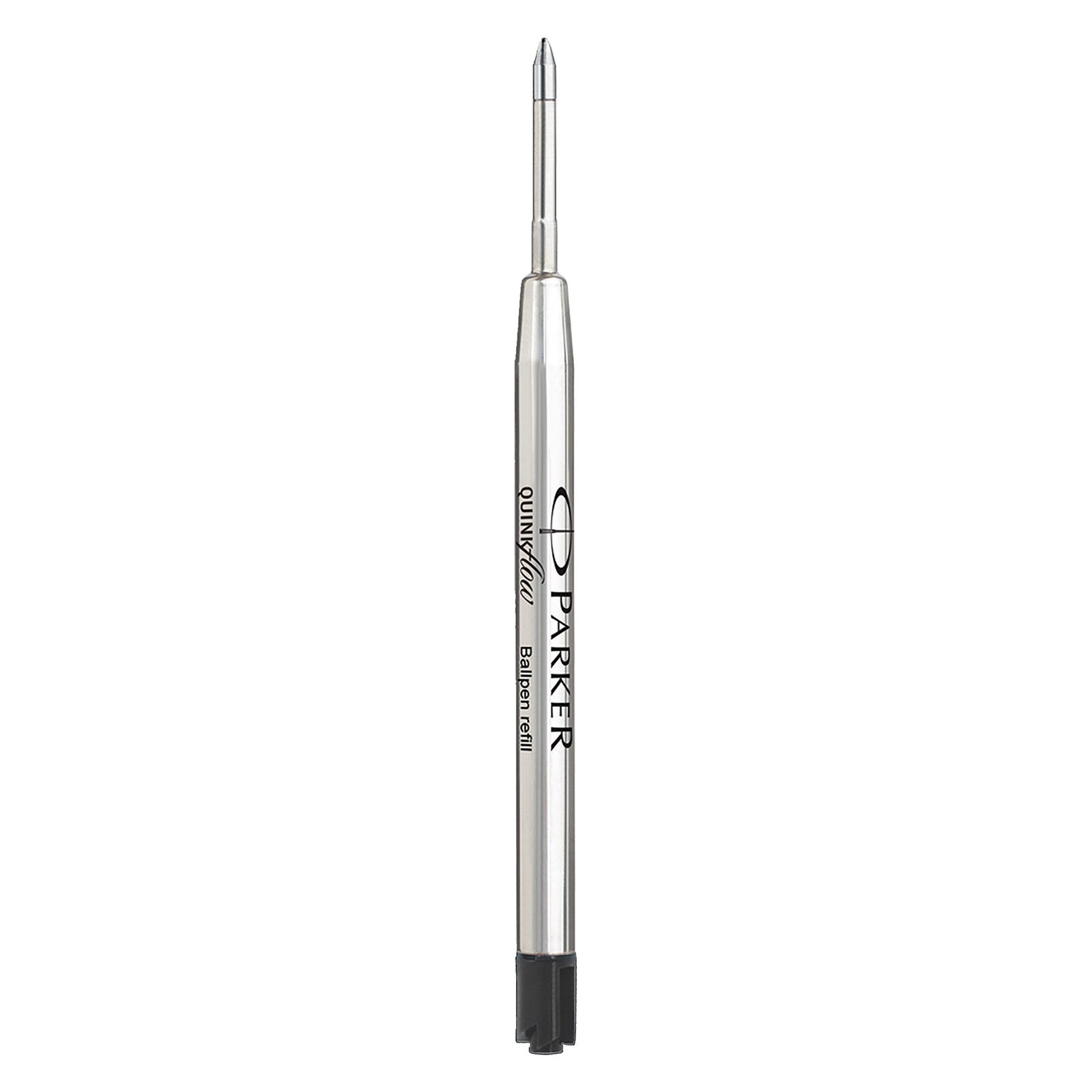 Parker Quinkflow Ballpoint Pen Refill Black Medium - close-up of ballpoint tip writing cursive script with ISO 12757.2 document proof certification