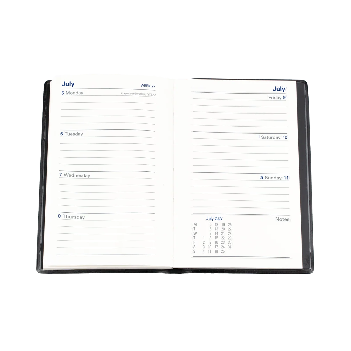 Open Collins Belmont 2027 B7R diary showing the week-to-view layout