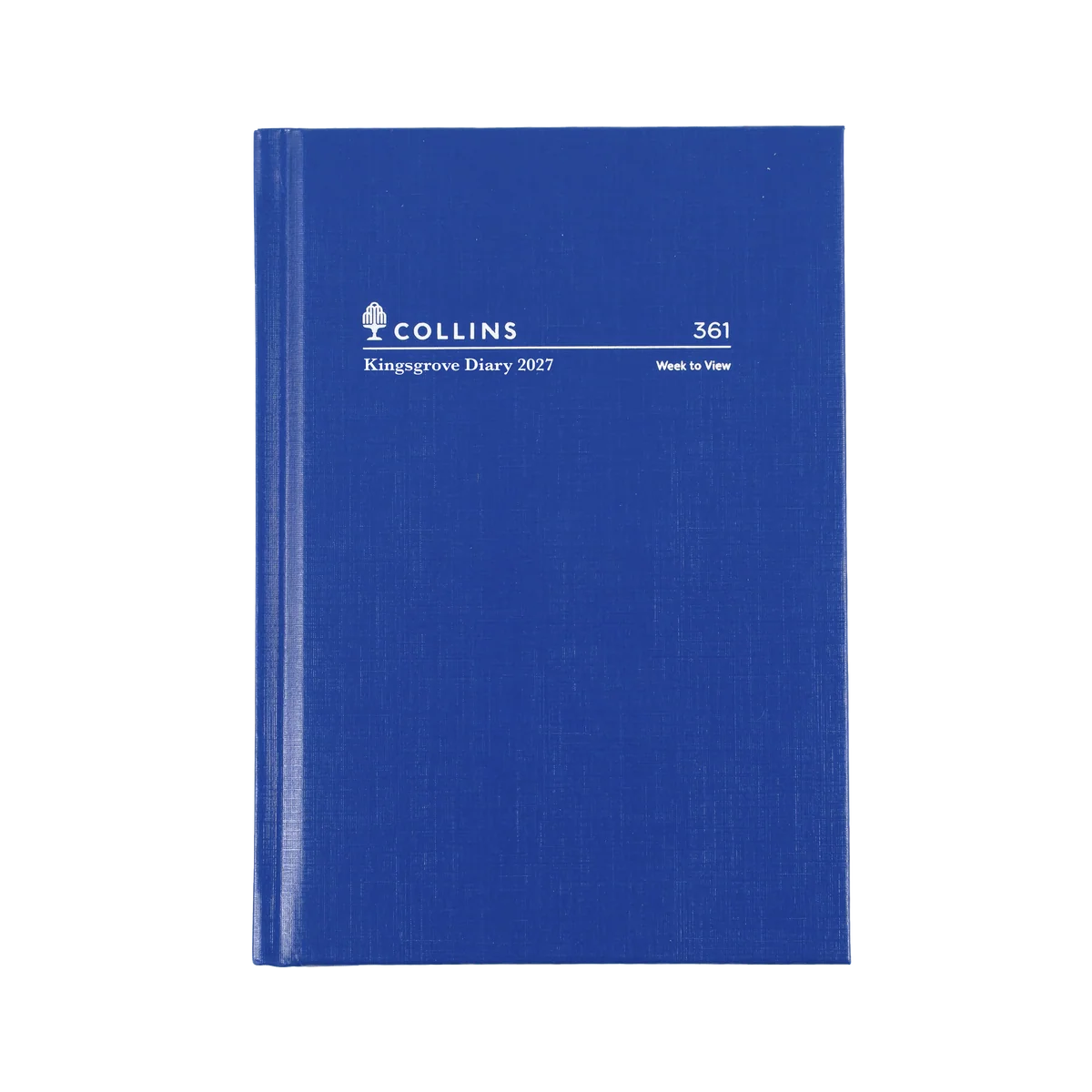 Angled view of the Blue Collins Kingsgrove 2027 A6 hard cover diary
