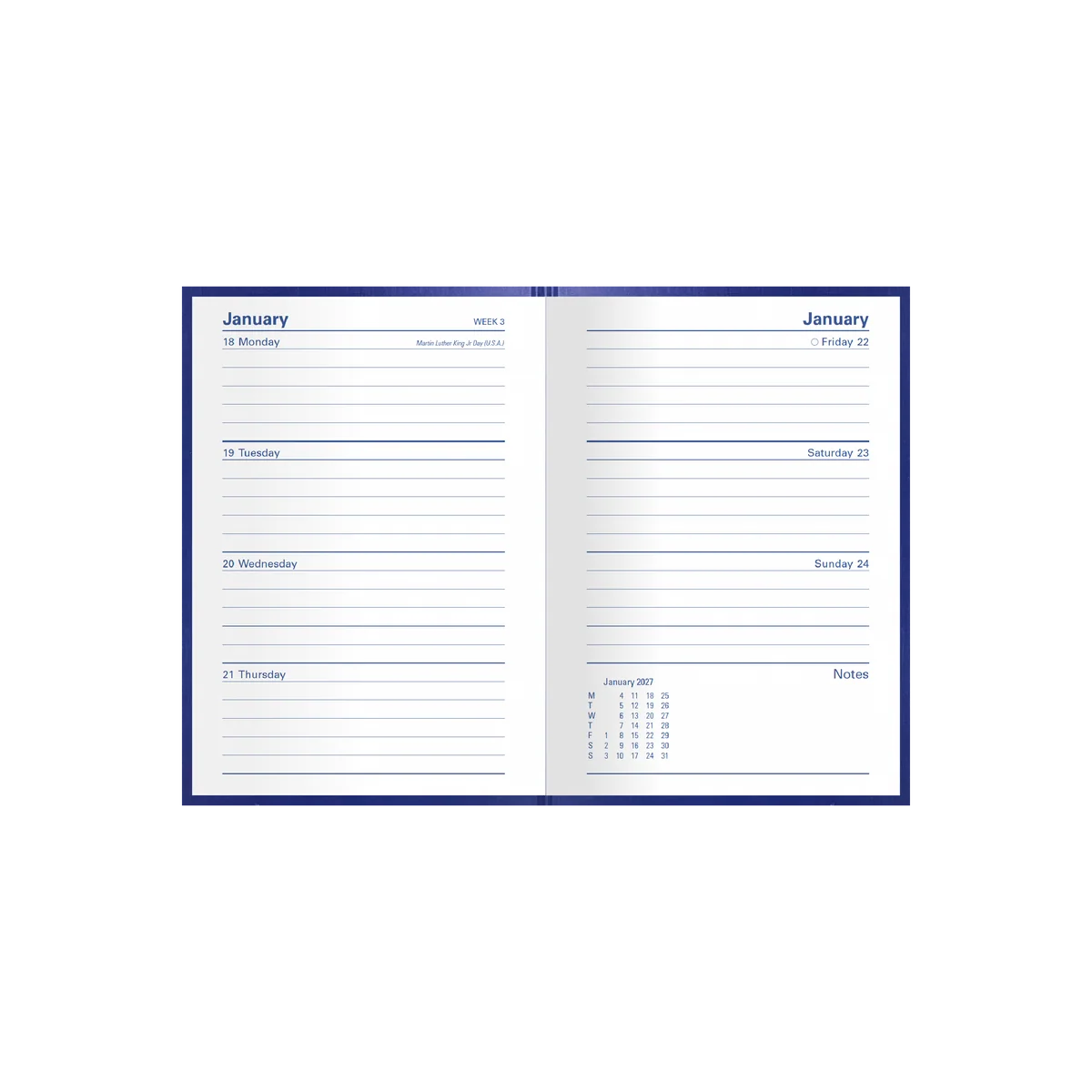 Open Collins Kingsgrove 2027 A6 diary showing the week-to-view layout
