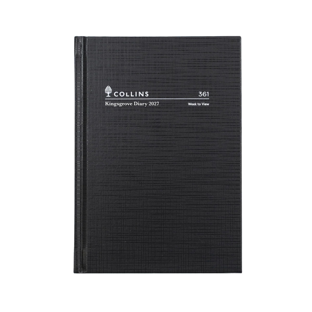 Angled view of the Black Collins Kingsgrove 2027 A6 hard cover diary