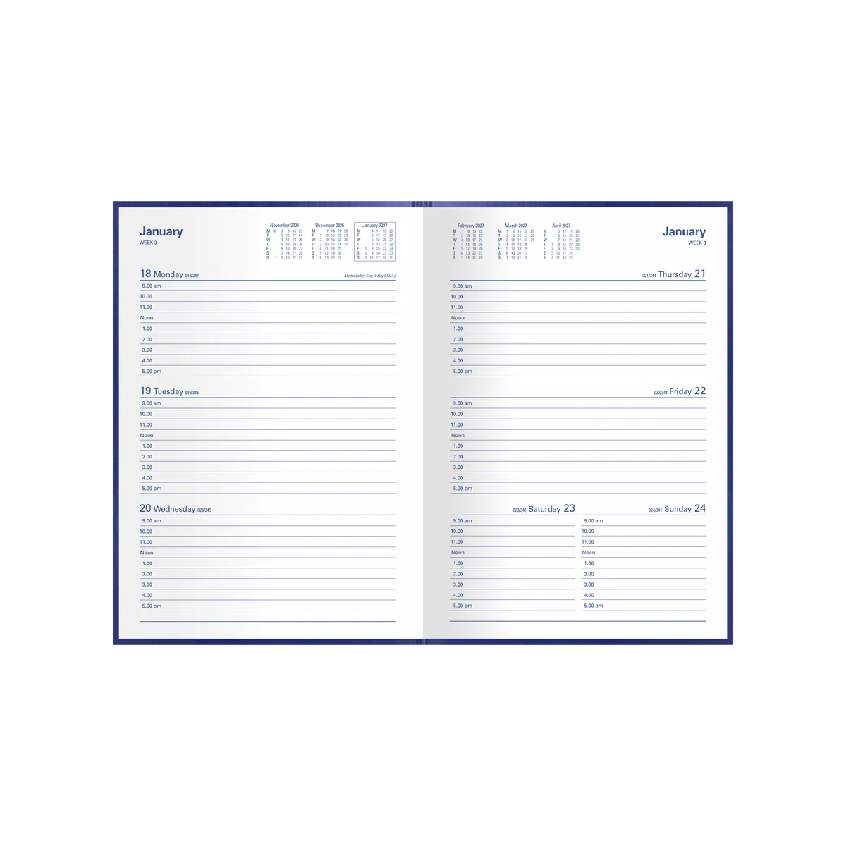Open Collins Kingsgrove 2027 A5 diary showing its week-to-view appointment layout