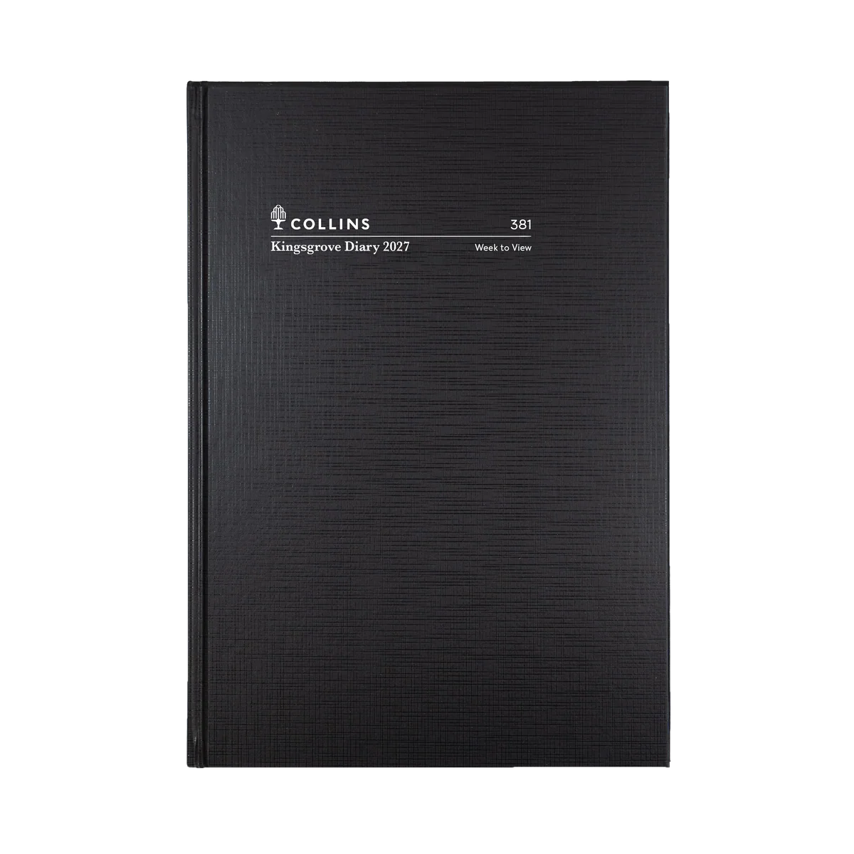 Angled view of the Black Collins Kingsgrove 2027 A5 hard cover diary
