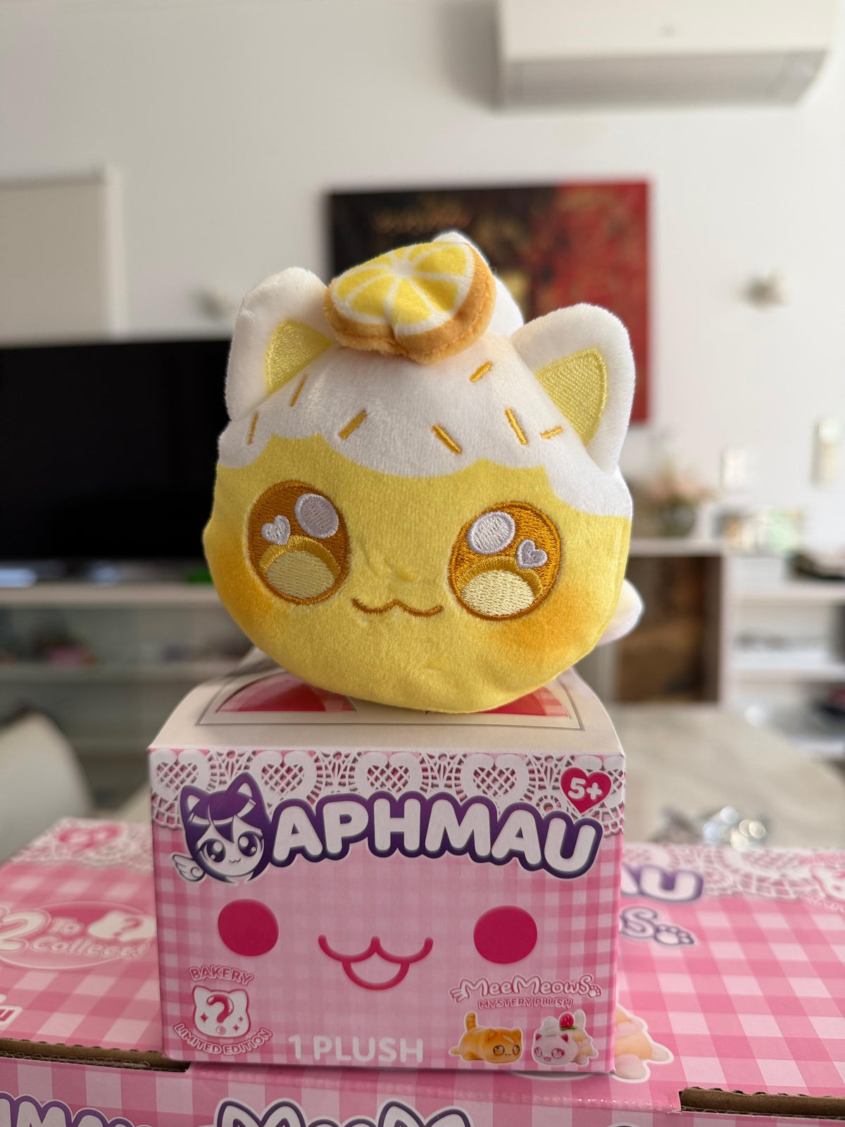Aphmau MeeMeow Lemon Meringue Plush sitting on top of Aphmau Bakery Collection gift box