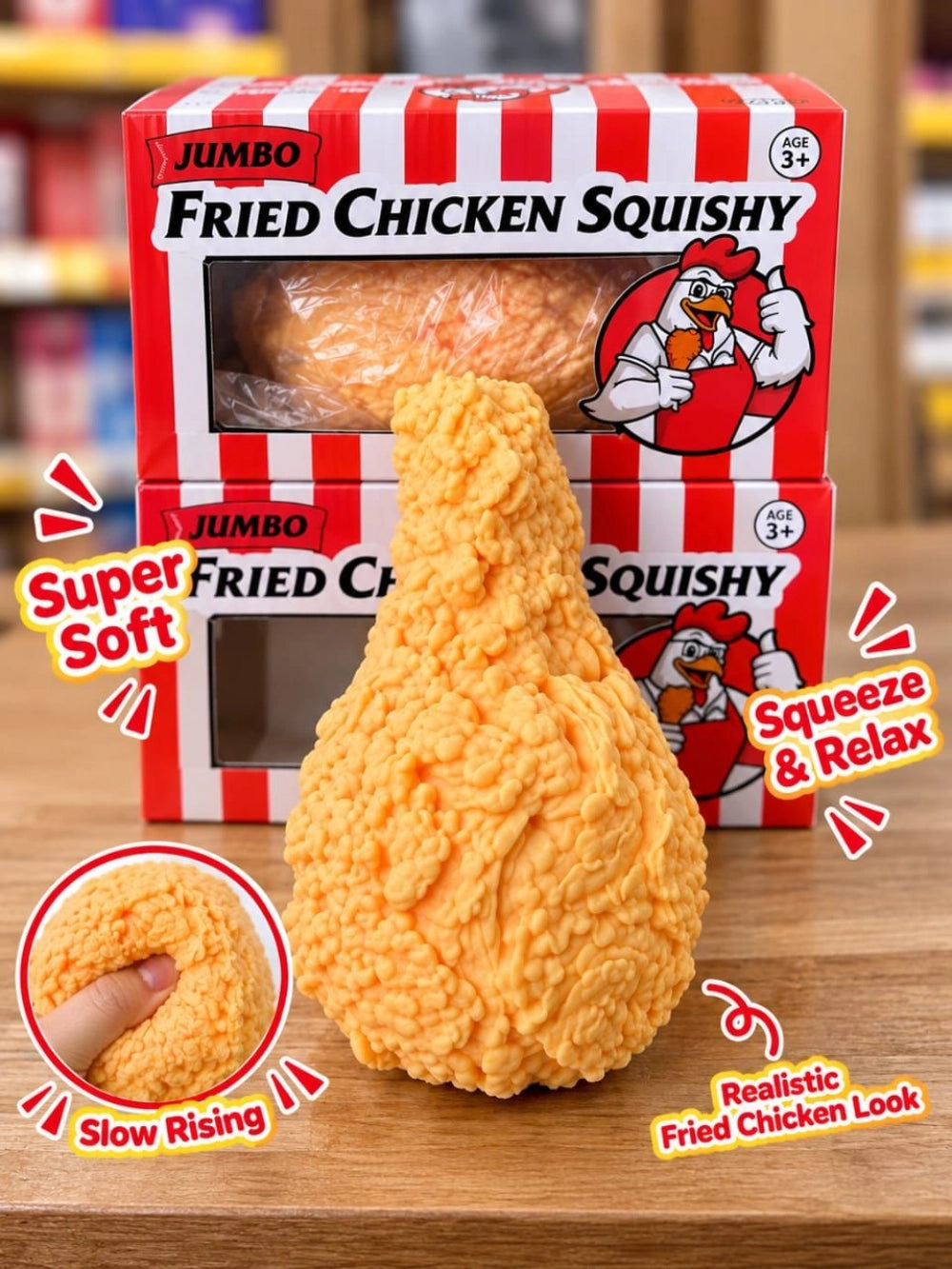 Promotional image of fried chicken squishy and display boxes showing slow-rising squeeze action