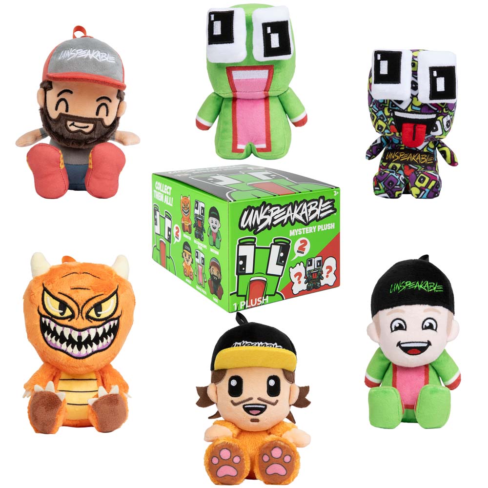 Boy holding all 6 Unspeakable Series 2 mystery plush characters