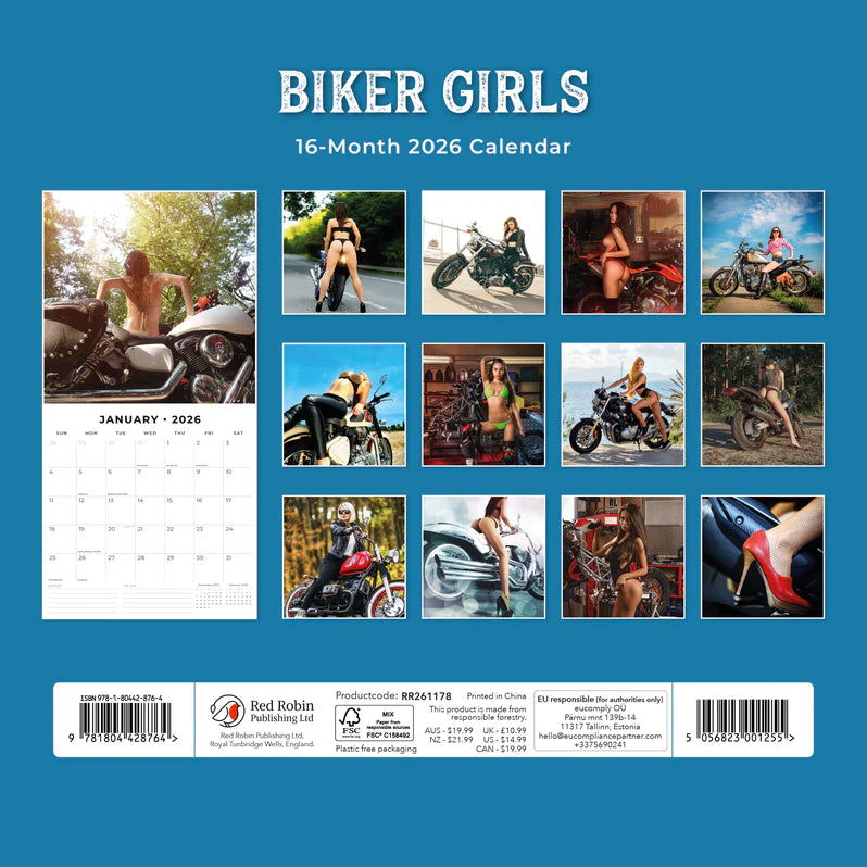 2026 Biker Girls Square Wall Calendar – 16-Month, Large Grid | Red Robin Publishing Ltd (RR261178)