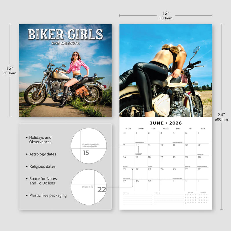 2026 Biker Girls Square Wall Calendar – 16-Month, Large Grid | Red Robin Publishing Ltd (RR261178)