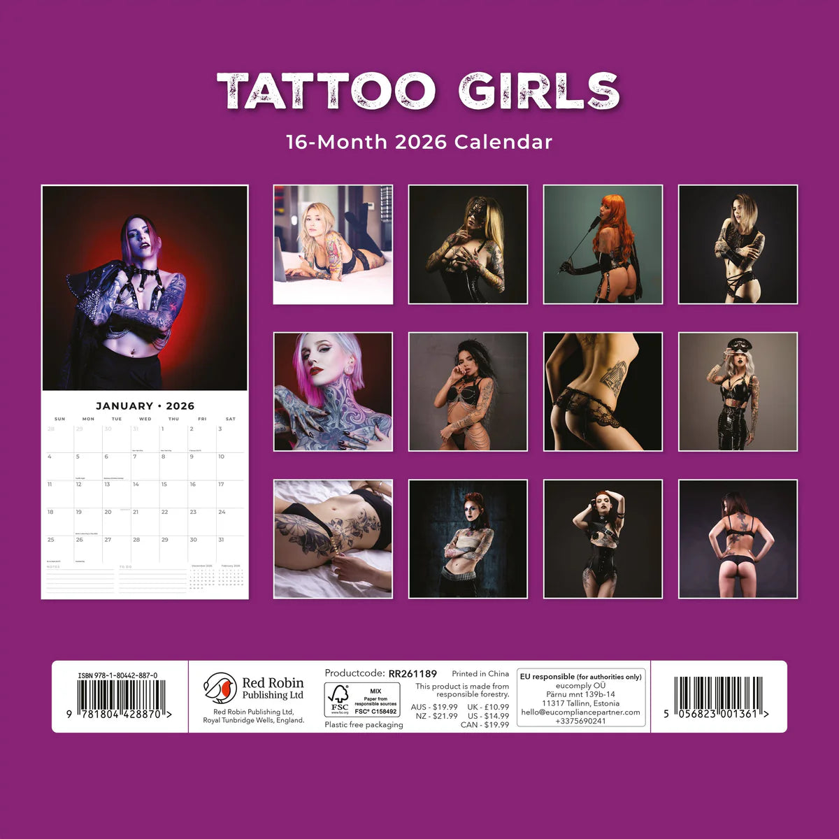 2026 Tatto Girls Square Wall Calendar – 16-Month, Large Grid | Red Robin Publishing Ltd (RR261361)