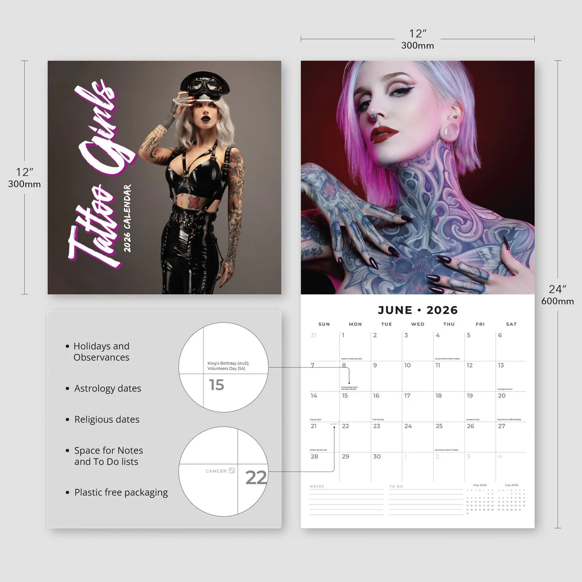 2026 Tatto Girls Square Wall Calendar – 16-Month, Large Grid | Red Robin Publishing Ltd (RR261361)