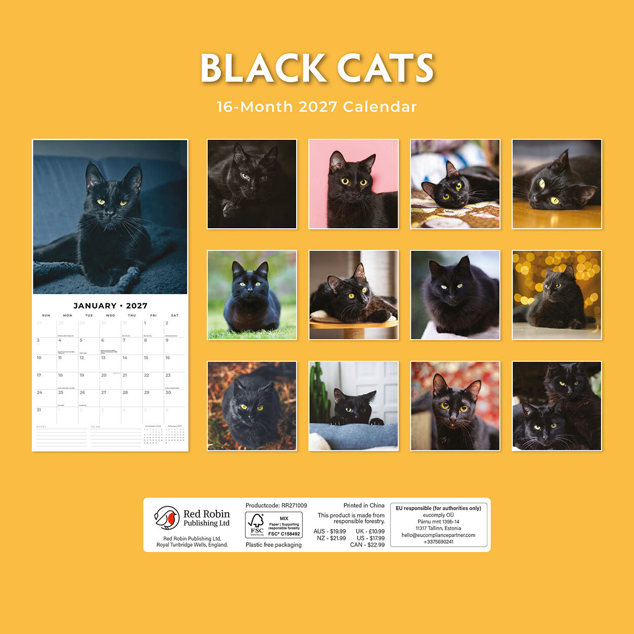 Black Cats 2027 Calendar – lifestyle flat lay with coffee, notebook and pen