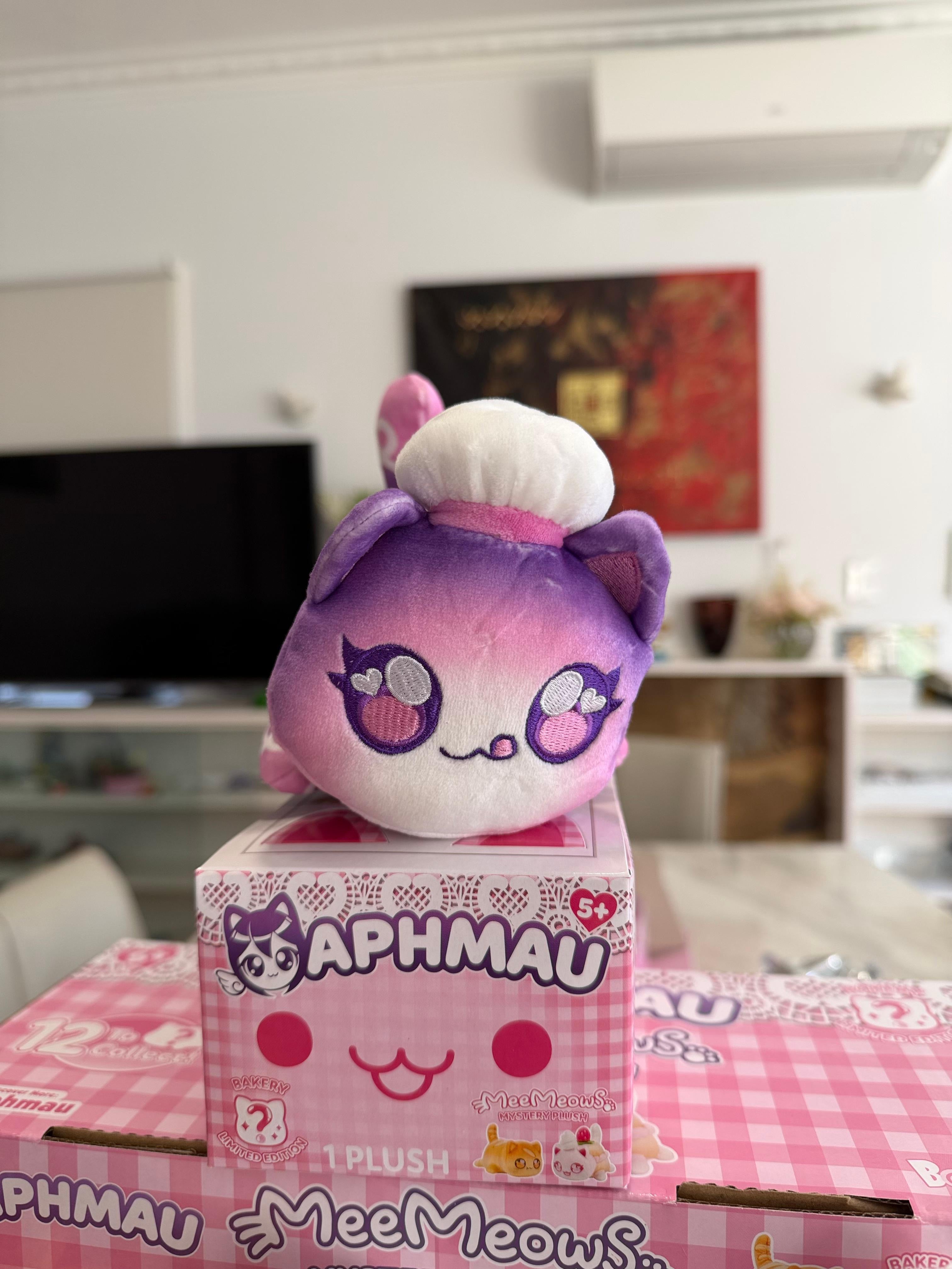 Aphmau MeeMeow Baker Plush on top of Aphmau Bakery Collection gift box