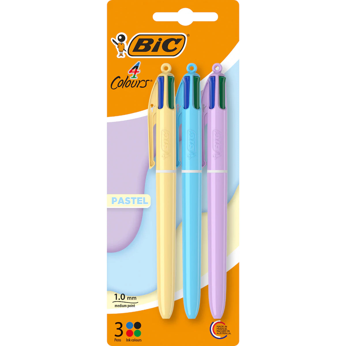 BIC 4 Colours Pastel Ballpoint Pen 3 Pack - Red, Blue, Green & Black Ink