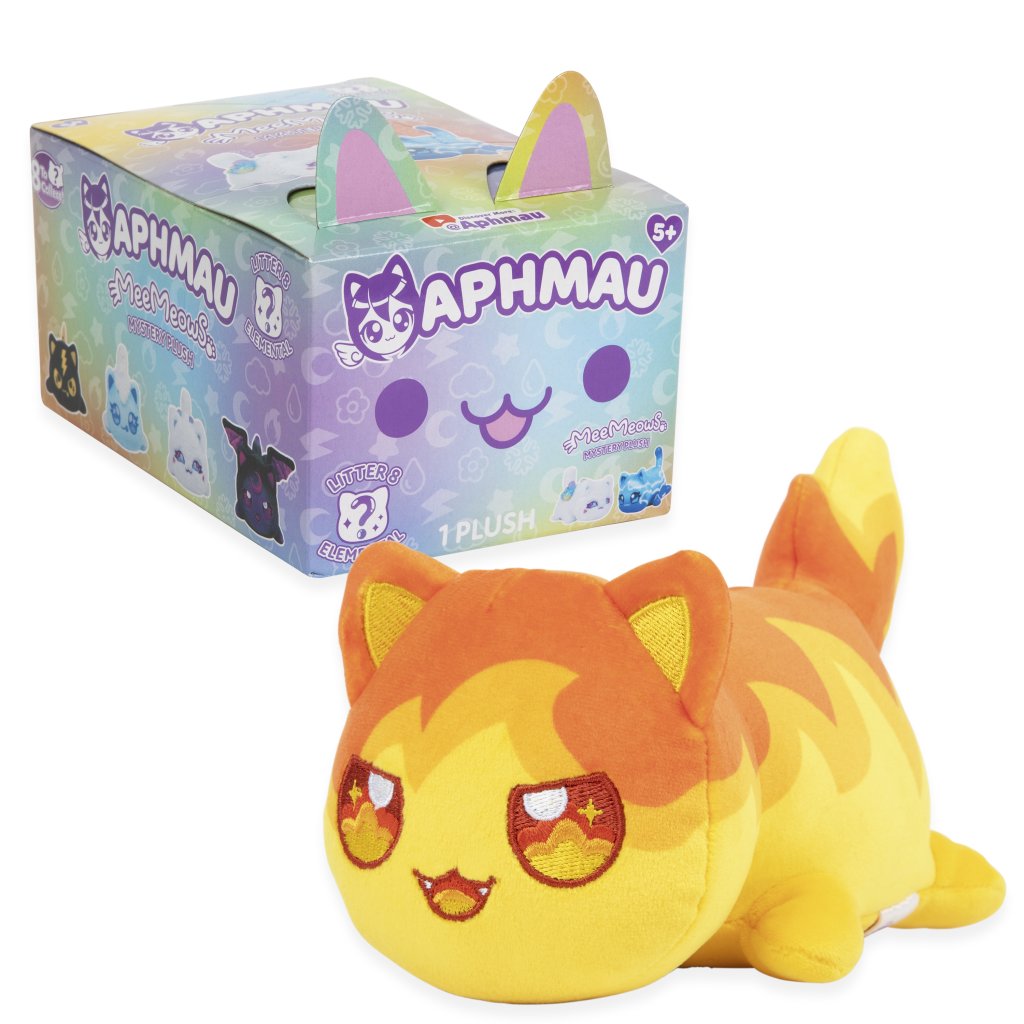 Aphmau Fire Cat 6-inch MeeMeows plush pictured beside Series 8 Elemental Collection packaging.