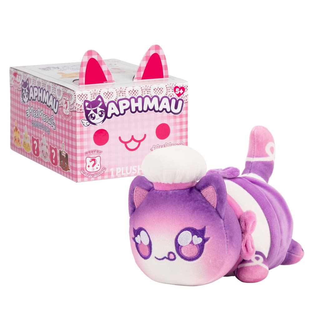 Aphmau Baker Cat 6-inch purple and pink MeeMeows plush with a white baker's hat beside pink Bakery Collection packaging.