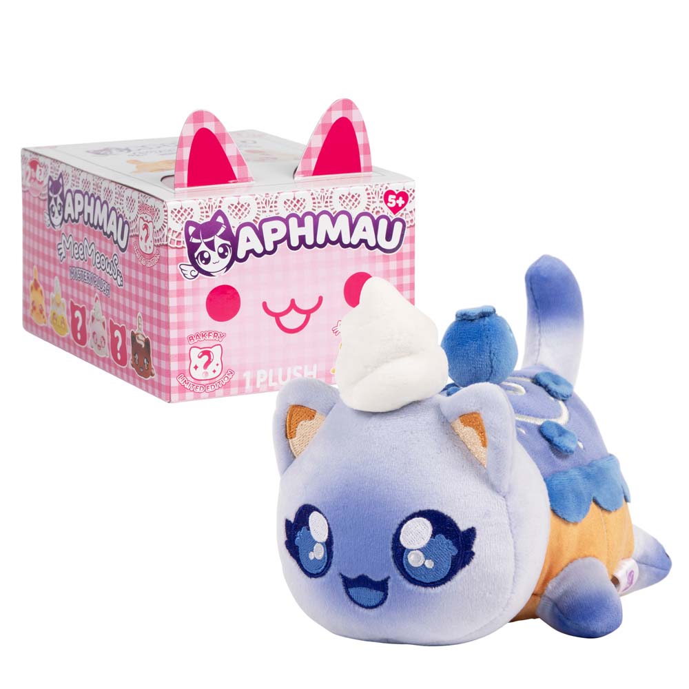 Aphmau Blueberry Cat 6-inch blue MeeMeows plush beside pink Bakery Collection packaging.