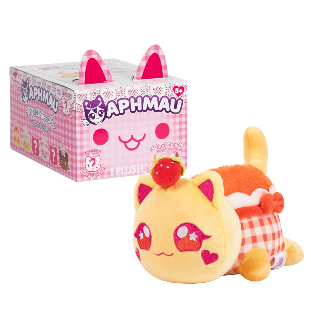 Aphmau Strawberry Jam Cat 6-inch MeeMeows plush beside pink Bakery Collection packaging.