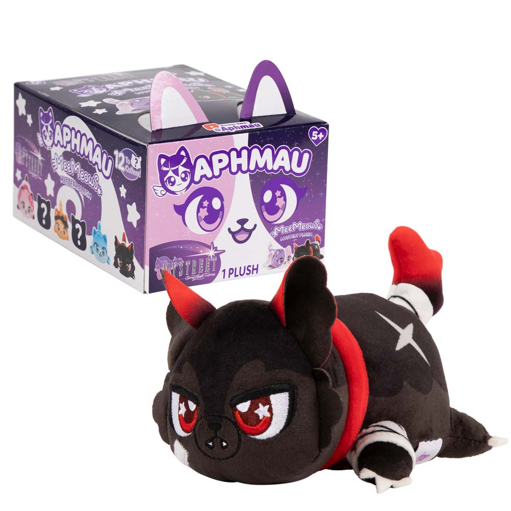 Aphmau Aaron Cat 6-inch black and red MeeMeows plush beside purple MyStreet Collection packaging.